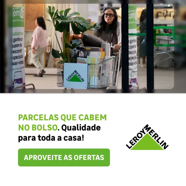 This image ad for Leroy Merlin features a woman pushing a shopping cart full of home improvement items, including a plan