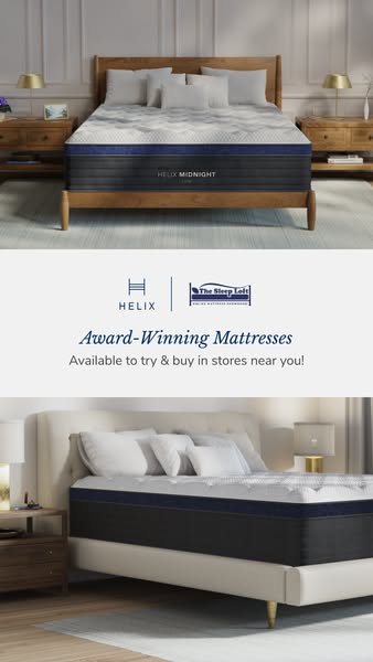 This ad features two images of the Helix Midnight mattress in different bedroom settings. The ad highlights the mattress