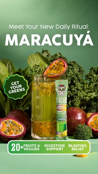 This image promotes a green superfood product called Salud. It features a drink in a glass and a tube of the Salud green