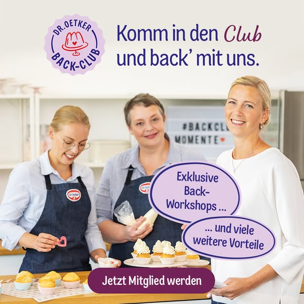 This ad encourages users to join the Dr. Oetker Back-Club, highlighting the benefits of exclusive baking workshops and o
