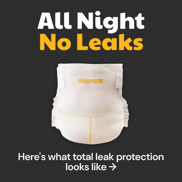 This ad for Dyper diapers highlights the product's leak protection for overnight use. The ad features a close-up of 