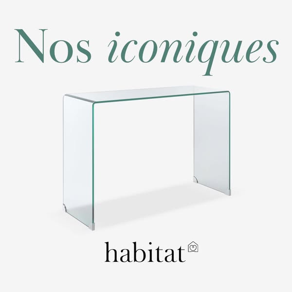 This ad showcases a glass console table from Habitat, emphasizing its iconic design.