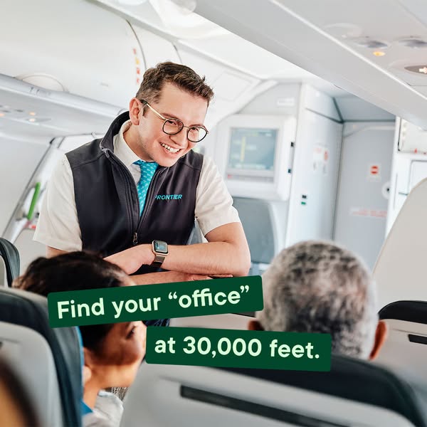 This image ad for Frontier airlines presents an airline attendant smiling at passengers in their seats, framed by the te