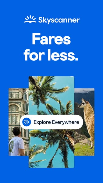 This ad for Skyscanner promotes the app as a way to find affordable fares. The ad features a blue background with the Sk
