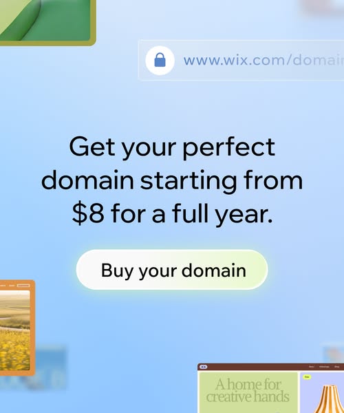 This image ad promotes Wix's domain services, highlighting the offer of a perfect domain starting from $8 for a full