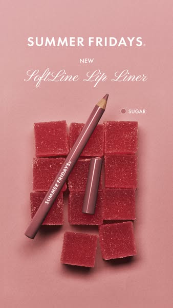 This ad showcases Summer Fridays' new Softline Lip Liner in Sugar. The color story is monochromatic. The product is 