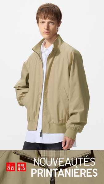 This image is an ad for Uniqlo. A man is wearing the brand's light windbreaker jacket. Text at the bottom of the fra