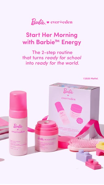 The ad features a pink aesthetic with Barbie-branded skincare products. The text promotes a morning routine that prepare