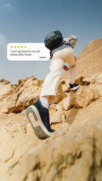 An image ad shows a testimonial from a customer who loves the advertised shoes. The shot looks up at a person climbing a