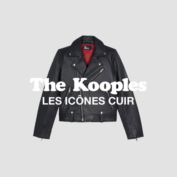 This image ad showcases a black leather biker jacket from The Kooples, emphasizing its iconic status. The ad's visua