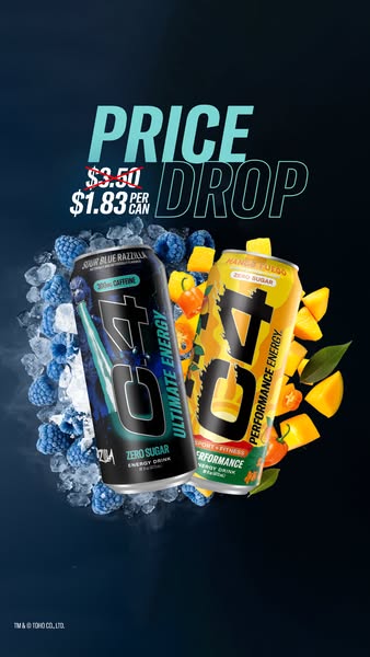 This ad is promoting a price drop for C4 Energy Drinks. The ad features two flavors of the energy drink, Sour Blue Razzi