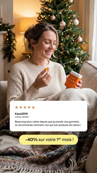 This ad features a woman holding a container of gummies and a single gummy. She is smiling in front of a Christmas tree.