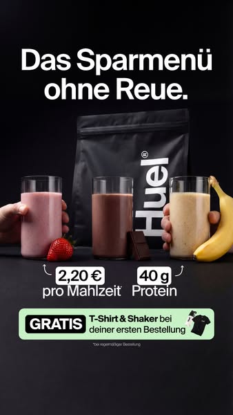 This image ad promotes Huel, a brand of nutritionally complete meal replacement shakes, with a focus on affordability an