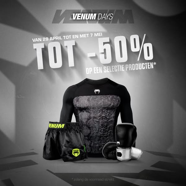This ad by Venum promotes Venum Days with a 50% discount on select products from April 29 to May 7.