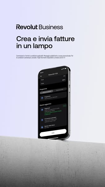 This ad promotes Revolut Business, an app that allows businesses to create and send invoices quickly. The ad features a 