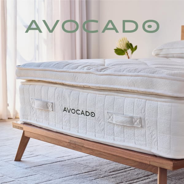 This ad is a product showcase for the Avocado brand's mattress and topper. The image focuses on the quality and comf