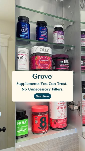 This ad showcases a variety of supplements from different brands, all available through Grove. The ad emphasizes the tru