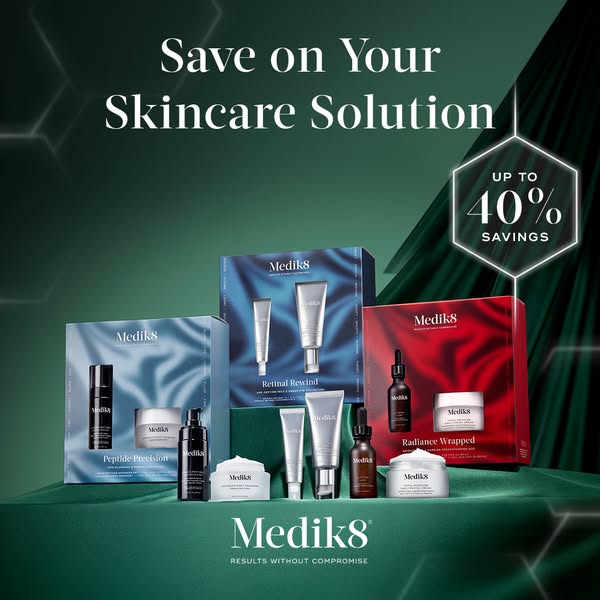 This image ad promotes Medik8 skincare sets, highlighting a limited-time offer of up to 40% savings. The ad features thr