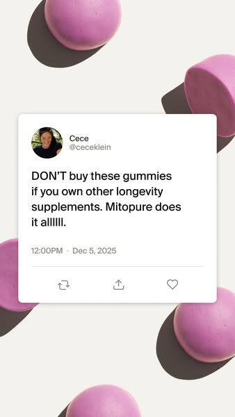 This ad uses a social media post format to promote Mitopure gummies. The post, styled as a tweet, features a user recomm