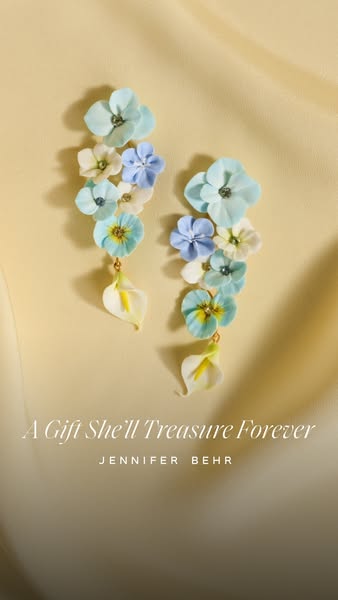 This image ad showcases Jennifer Behr earrings, emphasizing their value as a treasured gift through simple, elegant imag