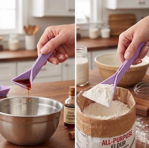 This ad shows a split-screen image with the same woman using a purple measuring spoon to measure a liquid and a powder.