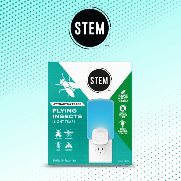 This image is an ad for STEM Flying Insects Light Trap, which is designed to attract and trap flying insects. The produc