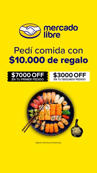 This is a paid social media ad for Mercado Libre, which is offering a discount on food orders. The ad features a yellow 