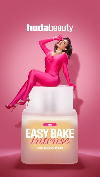 An image ad for Huda Beauty's Easy Bake Intense Eau de Parfum. The ad features a model sitting atop a frosted glass 