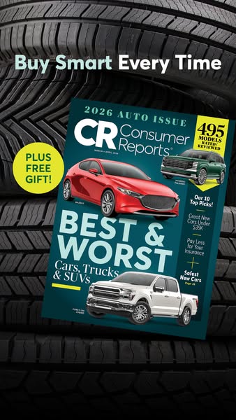 An ad for Consumer Reports highlights a magazine issue focused on vehicle ratings. It includes the headline 'Buy Sma