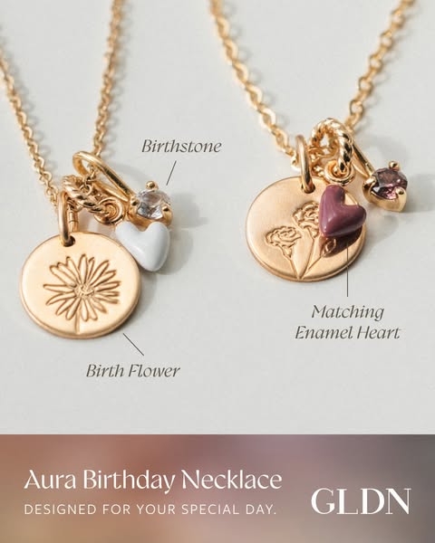 Ad for GLDN Aura Birthday Necklace, showcasing a necklace with a birth flower and gemstone charm. The copy emphasizes th
