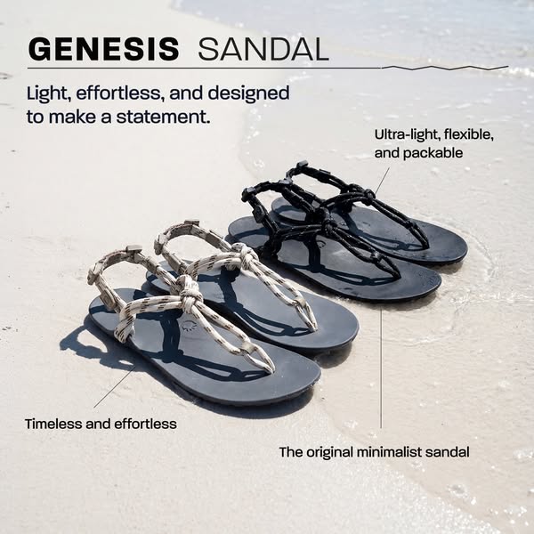 This ad showcases the Genesis Sandal with a focus on its minimalist design, lightweight feel, and versatility, suitable 