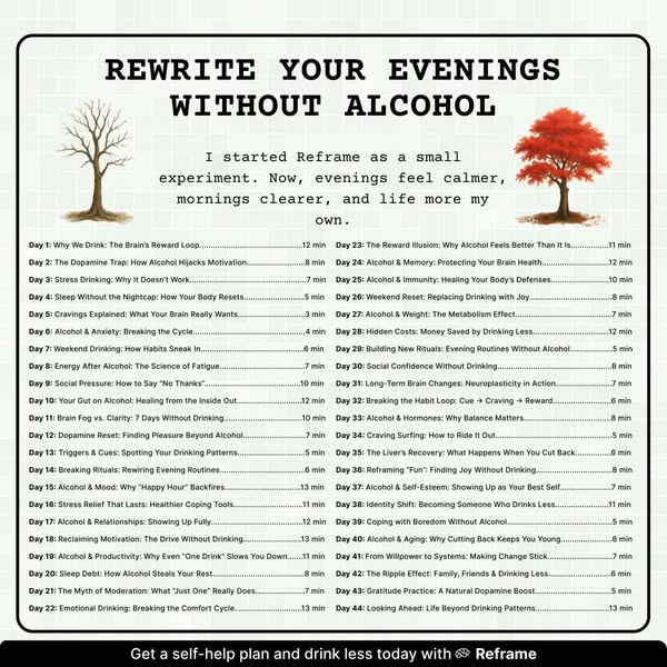 This ad promotes Reframe as a self-help resource for individuals seeking to reduce their alcohol consumption. The ad pre