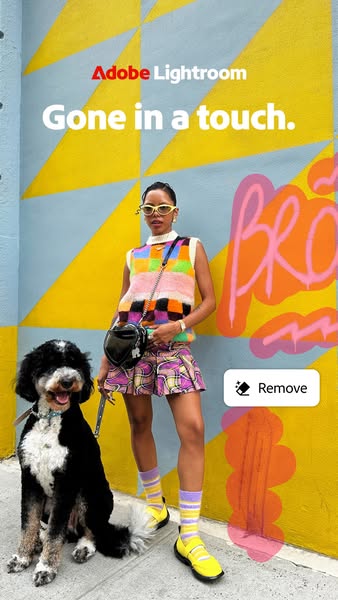 This ad for Adobe Lightroom shows a photograph of a woman and a dog in front of a mural, and highlights the 'remove&