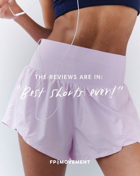 This ad features a close up of someone wearing workout shorts. It uses the testimonial "Best shorts ever!" to 