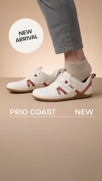 This image ad showcases the Xero Prio Coast shoe with a beige color palette and minimalistic design to highlight its fea