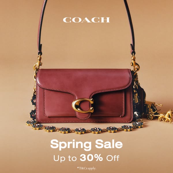 This image ad promotes a Coach bag during a Spring Sale, offering up to 30% off with terms and conditions.