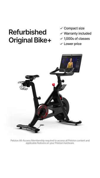 This image ad showcases a refurbished Peloton Original Bike+ and highlights its compact size, warranty, numerous classes