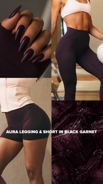 This ad showcases leggings and shorts from Aura in the Black Garnet color, featuring multiple close-ups of the material 