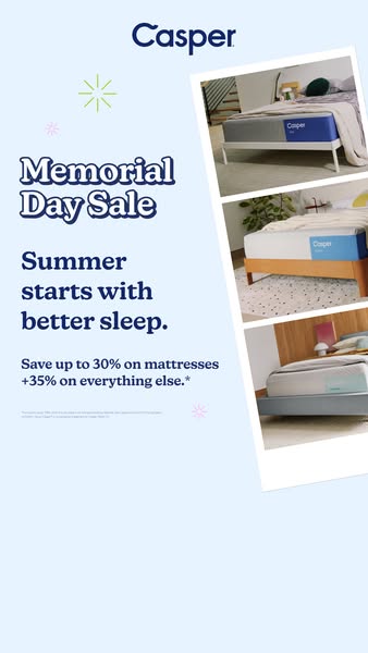 This image ad for Casper promotes their Memorial Day Sale. The ad highlights savings of up to 30% on mattresses and 35% 