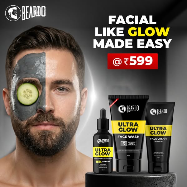 This ad for Beardo's Ultra Glow line features a man with a face mask on half of his face and a cucumber slice over o