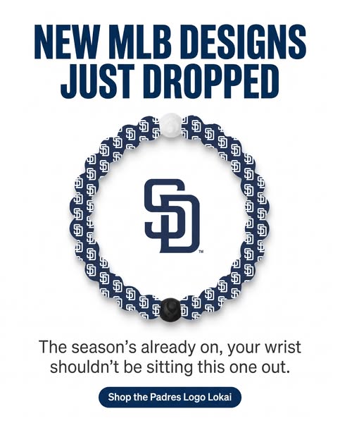 An ad for Padres Logo Lokai bracelets, featuring the bracelet with the Padres logo and encouraging viewers to shop the b