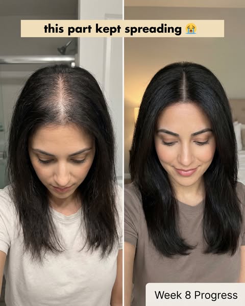 This ad compares a before and after photo of a woman's hair to highlight the benefits of using the advertised produc