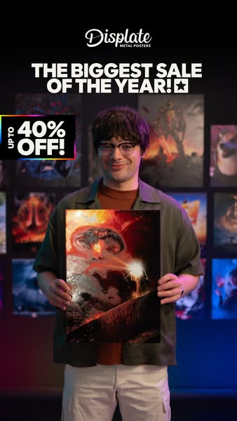 This image ad promotes a sale from Displate, advertising up to 40% off Displate metal posters. The ad features a person 