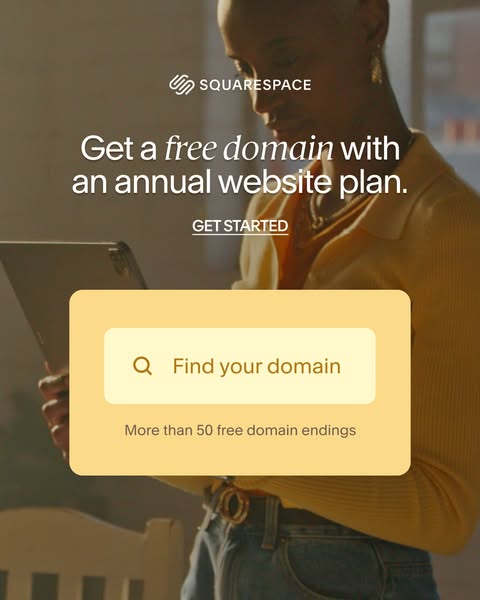 This ad promotes Squarespace by offering a free domain with an annual website plan. It features a search bar to find a d