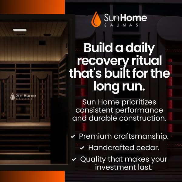 This image ad for Sun Home Saunas focuses on the products' quality and long-term value, positioning them as a daily 