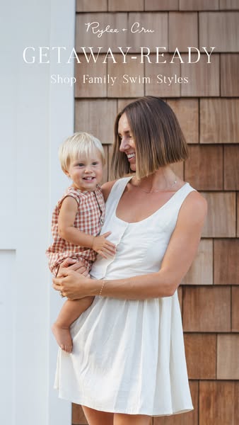 An image ad featuring a woman holding a toddler, advertising Rylee + Cru family swim styles. The ad aims to appeal to pa