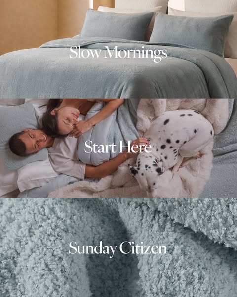 This image ad showcases Sunday Citizen bedding, emphasizing the comfort and relaxation it brings to slow mornings. The a