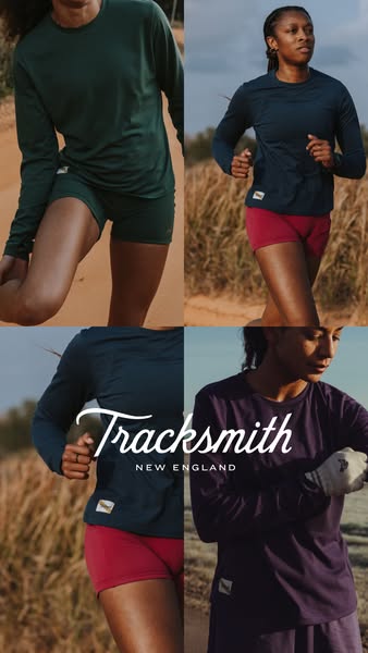 This Meta image ad showcases Tracksmith apparel by highlighting a few of their long-sleeved shirts and shorts through th