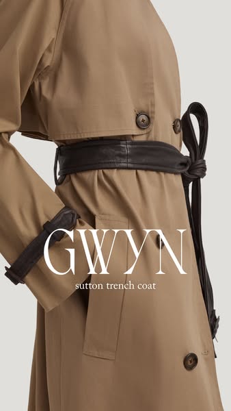 This ad features a tan trench coat with a black belt. The ad focuses on the product itself with its name.
