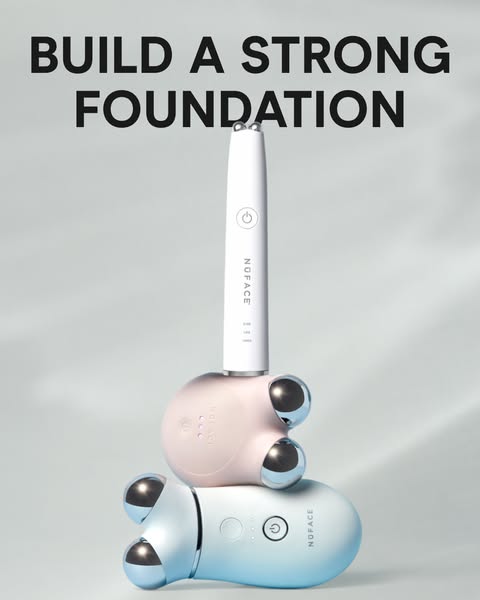 The image ad showcases NuFACE's microcurrent devices, emphasizing their role in building a strong facial foundation.